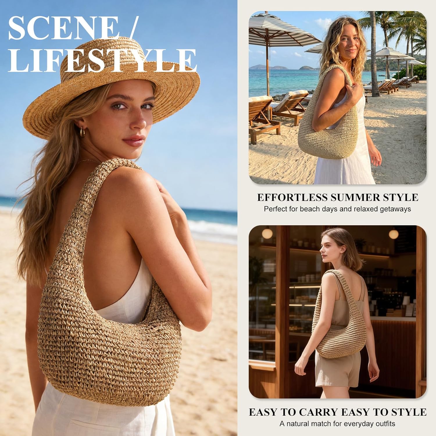 Straw Beach Bag for Women, Summer Tote Bag for Vacation, Hobo Shoulder Bag for Beach Wedding Travel