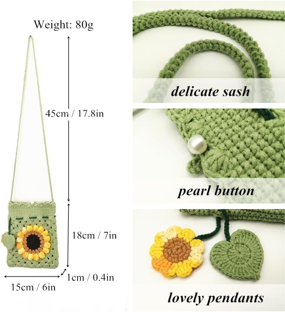 Handmade Crochet Sunflower Blossom Phone Bag Knitted Bag for Women, A-mint green