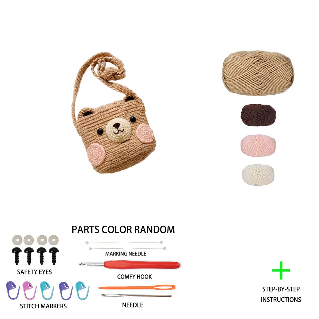 Bear Crossbody Bag Crochet Kit for Beginners | DIY Amigurumi Bear Purse Set with Yarn, Hook & Step-by-Step Tutorial | Cute Handmade Gift for Kids & Craft Lovers