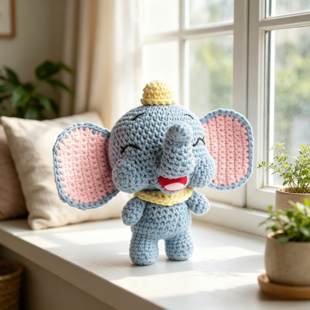 1pc Cute Dumbo Elephant Crochet Kit for Beginners, Complete Amigurumi Animal Doll Plush Craft Set with All Materials & Step-by-Step Instructions, Handmade Knitted Blue Elephant with Big Ears & Hat, Perfect Gift for Kids, Home Decor-Hookcrafted