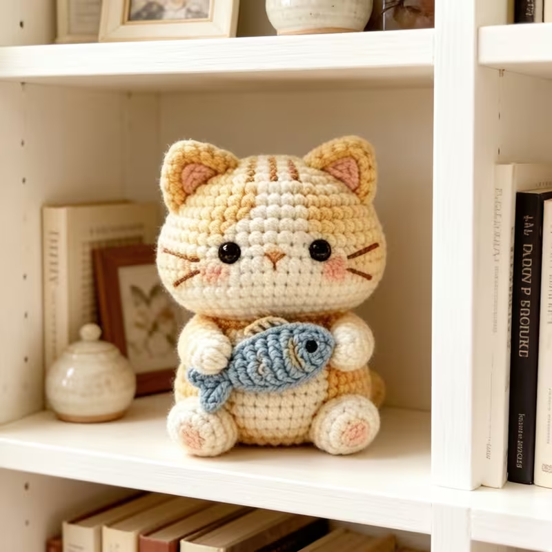 1pc Complete DIY Cat with Fish Crochet Kit Suitable for Beginners, Amigurumi Craft Set with Yarn, Tools & Tutorial - Handmade Orange Kitten Plush, Yarn & Hooked Crochet Project for Kids Adults, Easy Start Gift for Crafters