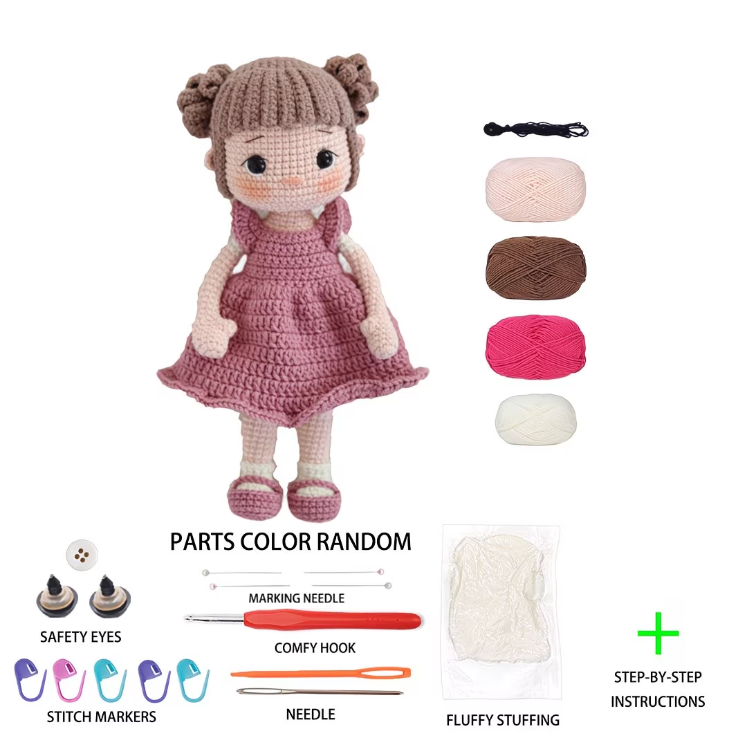 Dusty Pink Dress Doll Crochet Kit for Beginners | DIY Amigurumi Doll Set with Full Supplies & Easy Instructions | Adorable Handmade Gift for All Ages