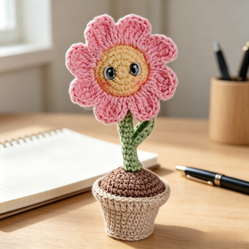 Beginner Friendly Crochet Kit, Cute Potted Smiley Pink Flower Amigurumi Crochet Starter Kit with Yarn, Hook, Needle & Accessories, Complete DIY Craft Set with Tutorial for Adults & Kids, Perfect Home Decor & Handmade Gift-Hookcrafted