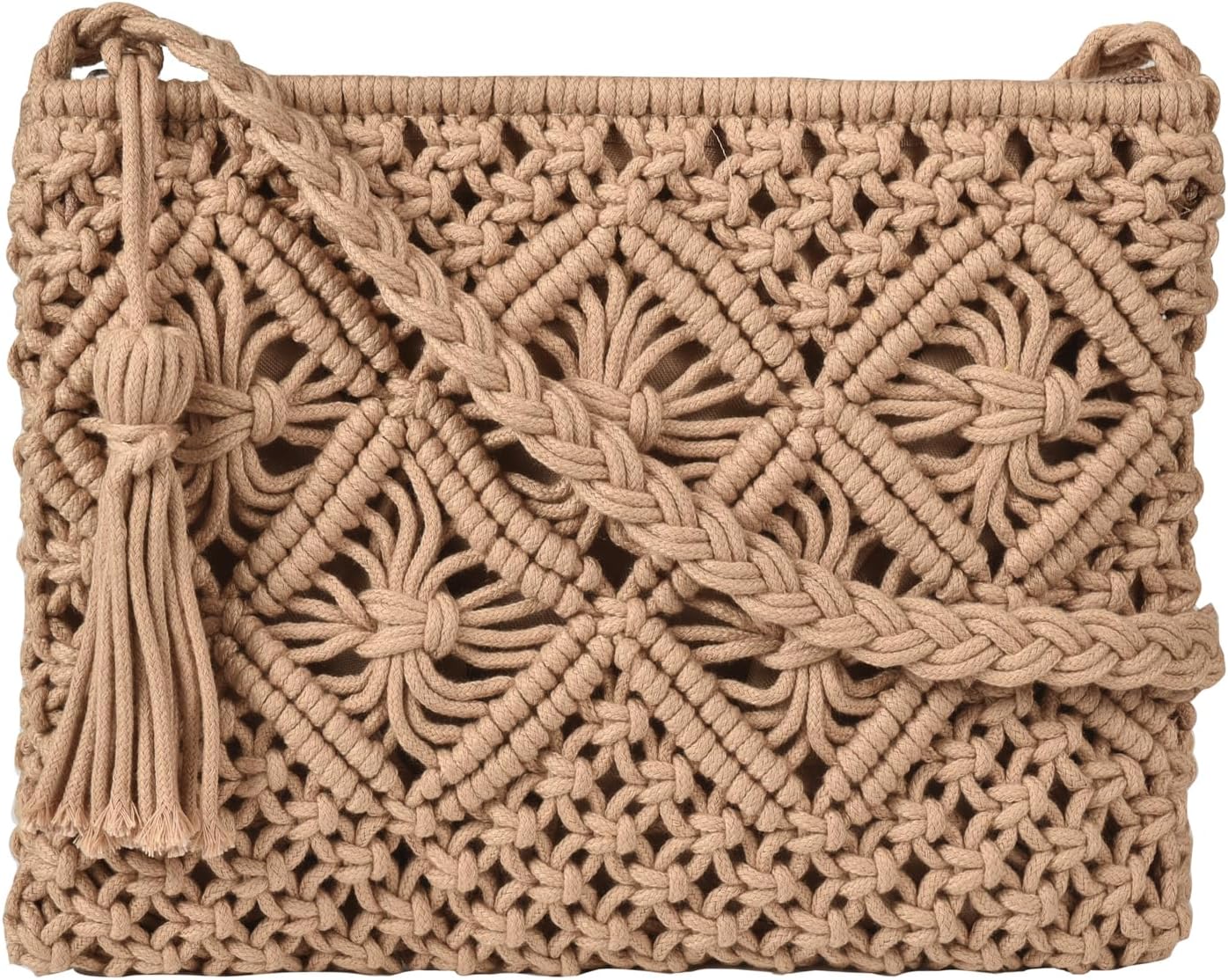 Handmade Crochet Purse Boho Cotton Rope Crossbody Shoulder Bag with Tassel Casual Bag for Women