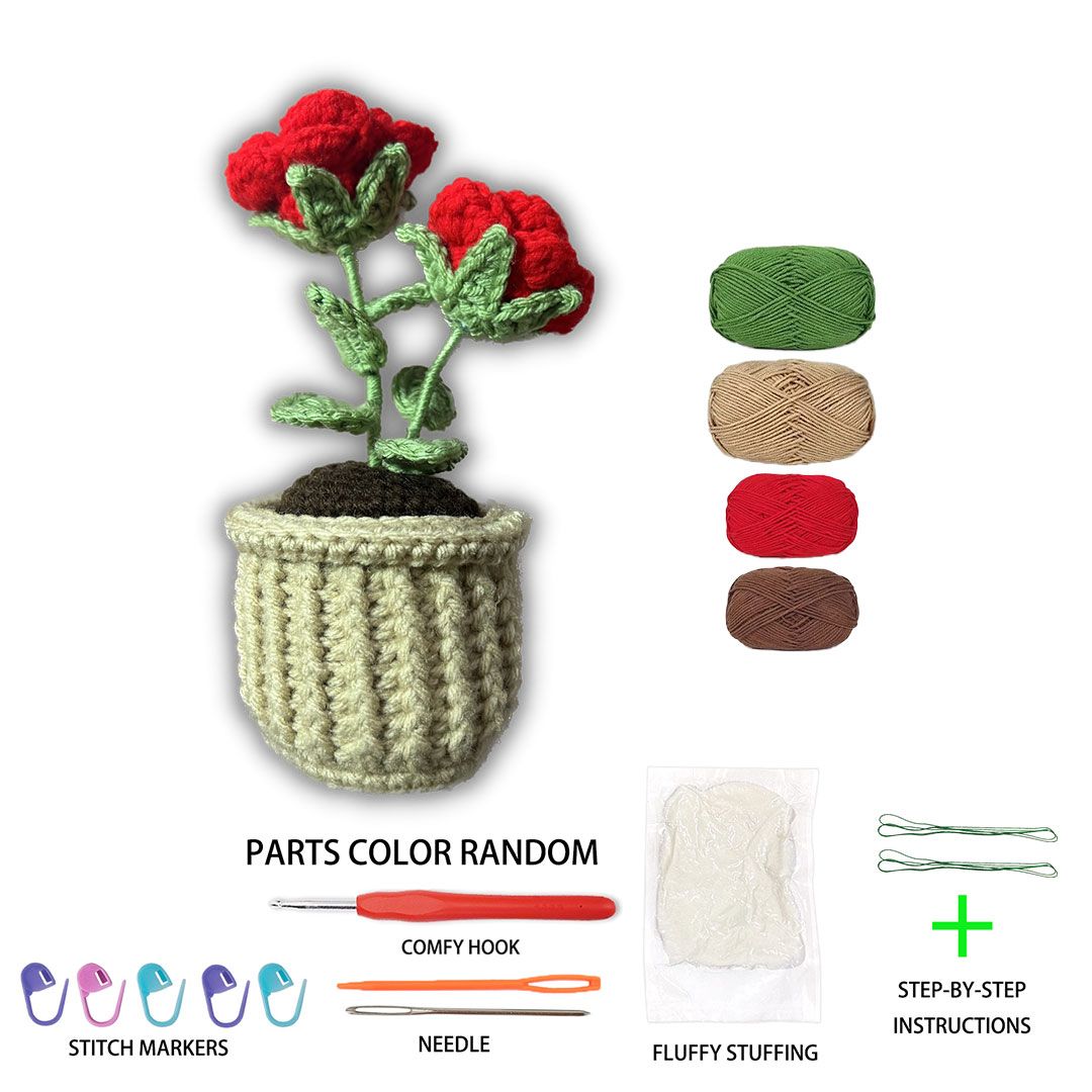Beginner Friendly Rose Crochet Kit, Potted Red Rose Amigurumi Crochet Starter Kit with Yarn, Hook, Needle & Accessories, Complete DIY Craft Set with Tutorial for Adults & Kids, Perfect Home Decor & Handmade Gift