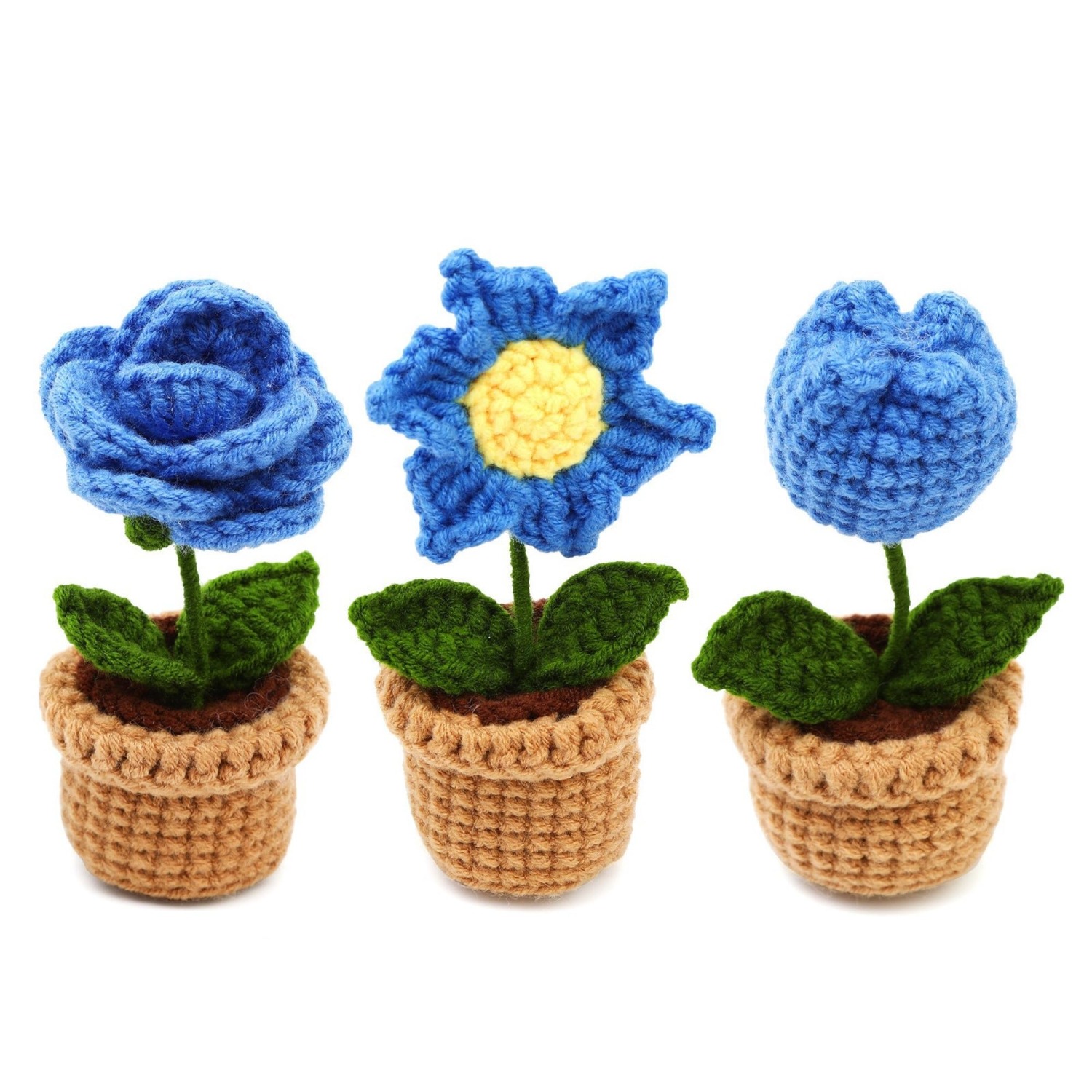 3Pcs Little Blue Flowers Beginner Crochet Kit| DIY Amigurumi Potted Plant Set with Yarn, Hook & Step-by-Step Tutorial | Cute Handmade Gift for Plant Lovers