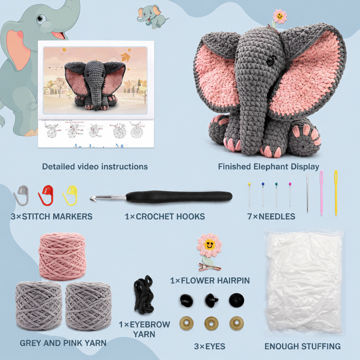 CODGP Beginner Crochet Kit – 33cm Elephant Amigurumi Set | Complete DIY Crochet Starter Kit with Yarn, Hooks & Step-by-Step Video Tutorial | Perfect Gift for Adults & Kids