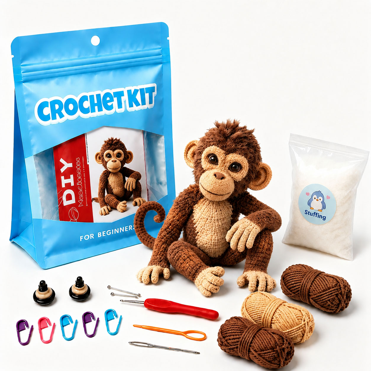 Crochet Kit for Beginners, DIY Monkey Amigurumi Crochet Kit with Step-by-Step Instructions, Complete Starter Kit with Yarn, Hooks & Accessories for Adults Kids, Handmade Craft Gift