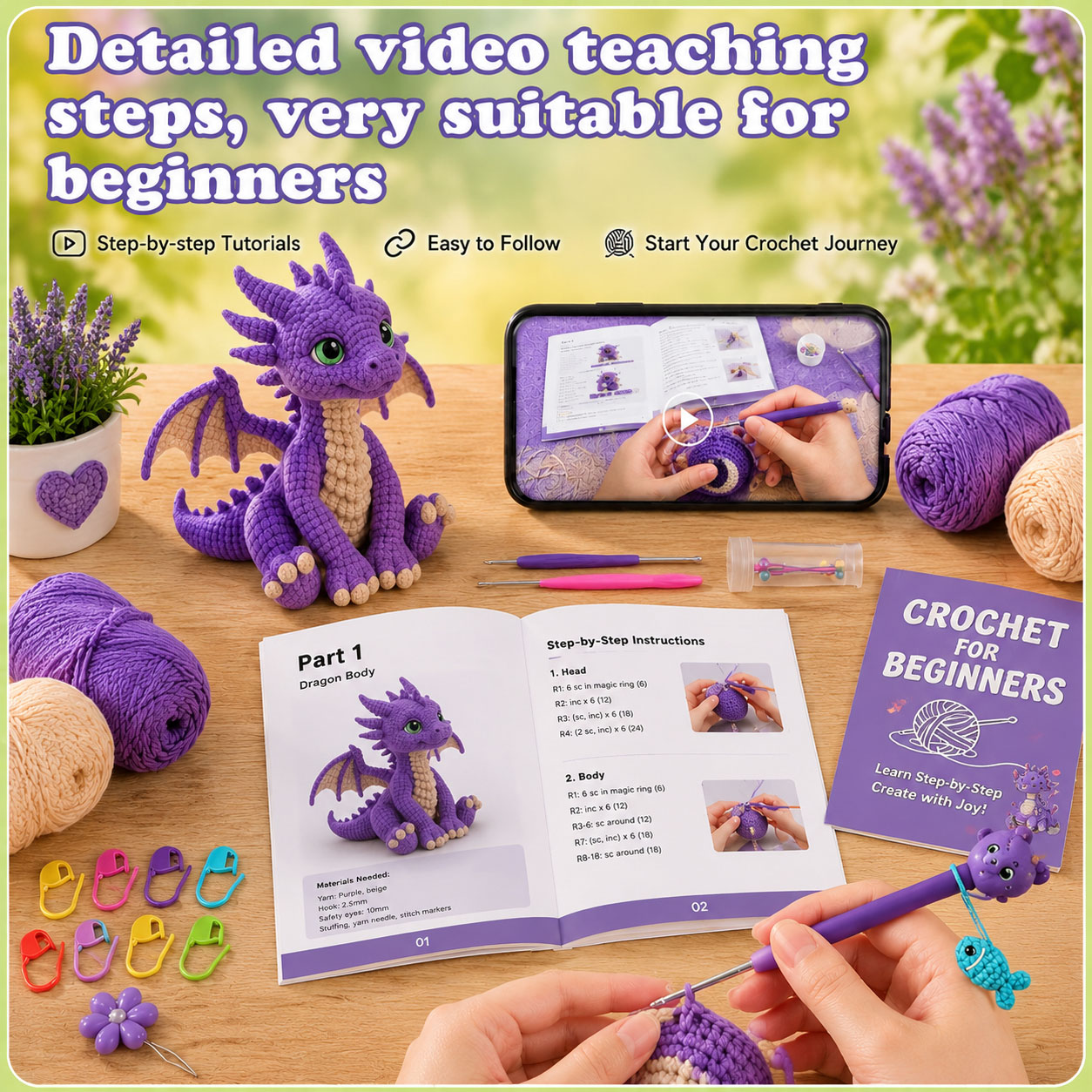 Crochet Kit for Beginners, DIY Cute Purple Dragon Amigurumi Crochet Kit with Step-by-Step Instructions, Complete Starter Kit with Yarn, Hooks & Accessories for Adults Kids, Handmade Craft Gift