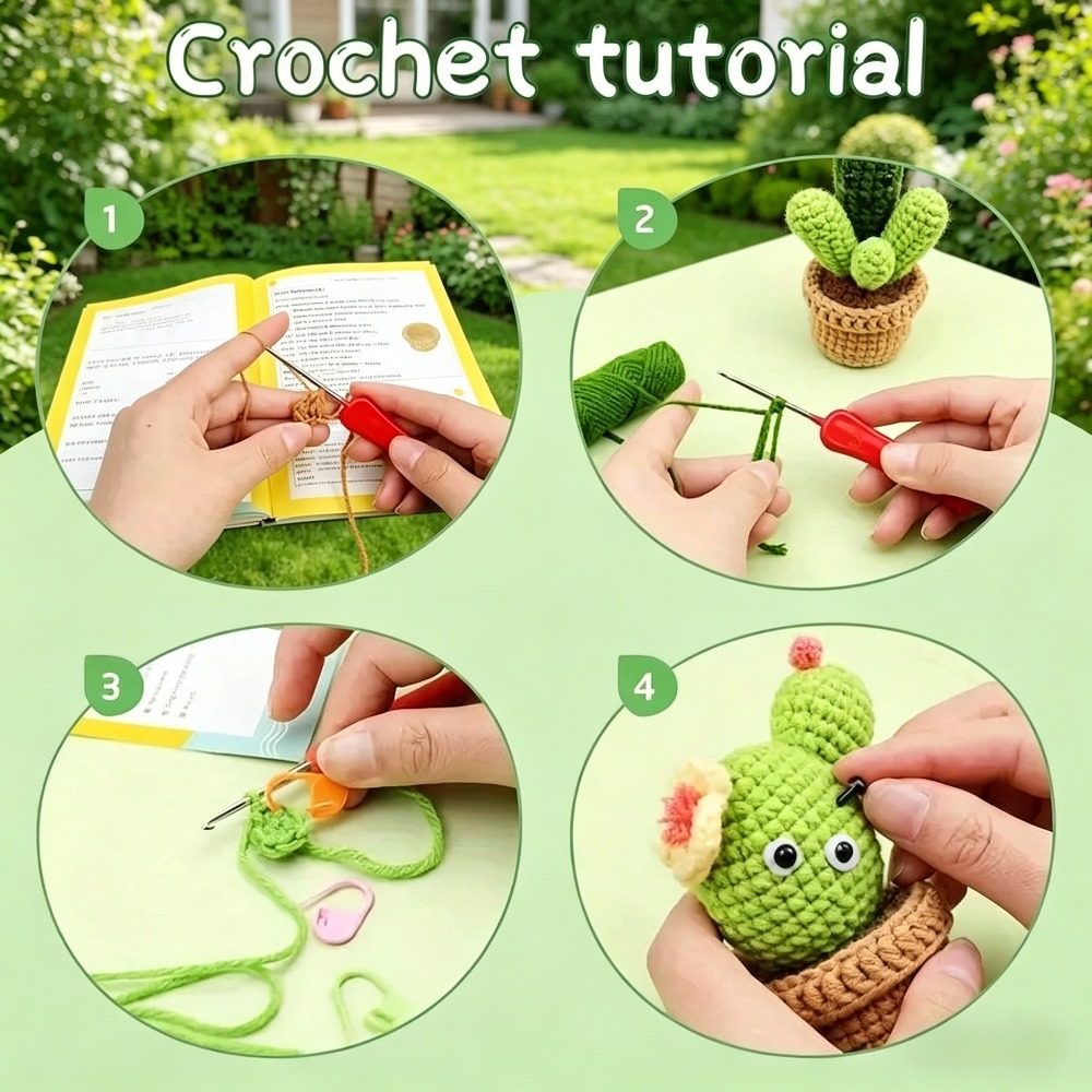 Bunny Ears Cactus Crochet Kit for Beginners | DIY Amigurumi Cactus Planter Set with Yarn, Hook & Step-by-Step Tutorial | Cute Handmade Gift for Plant Lovers