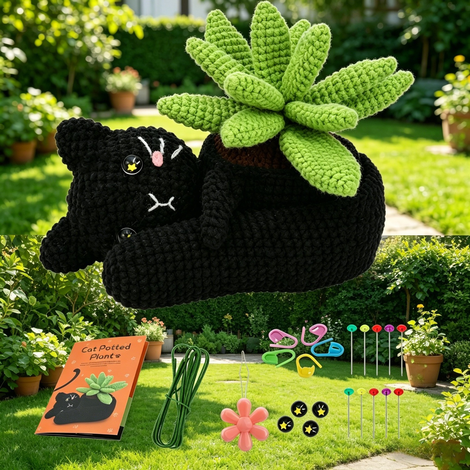 Black Cat Planter Crochet Kit for Beginners | DIY Amigurumi Cat-Shaped Succulent Pot Set with Yarn, Hook & Step-by-Step Tutorial | Cute Handmade Gift for Plant & Cat Lovers