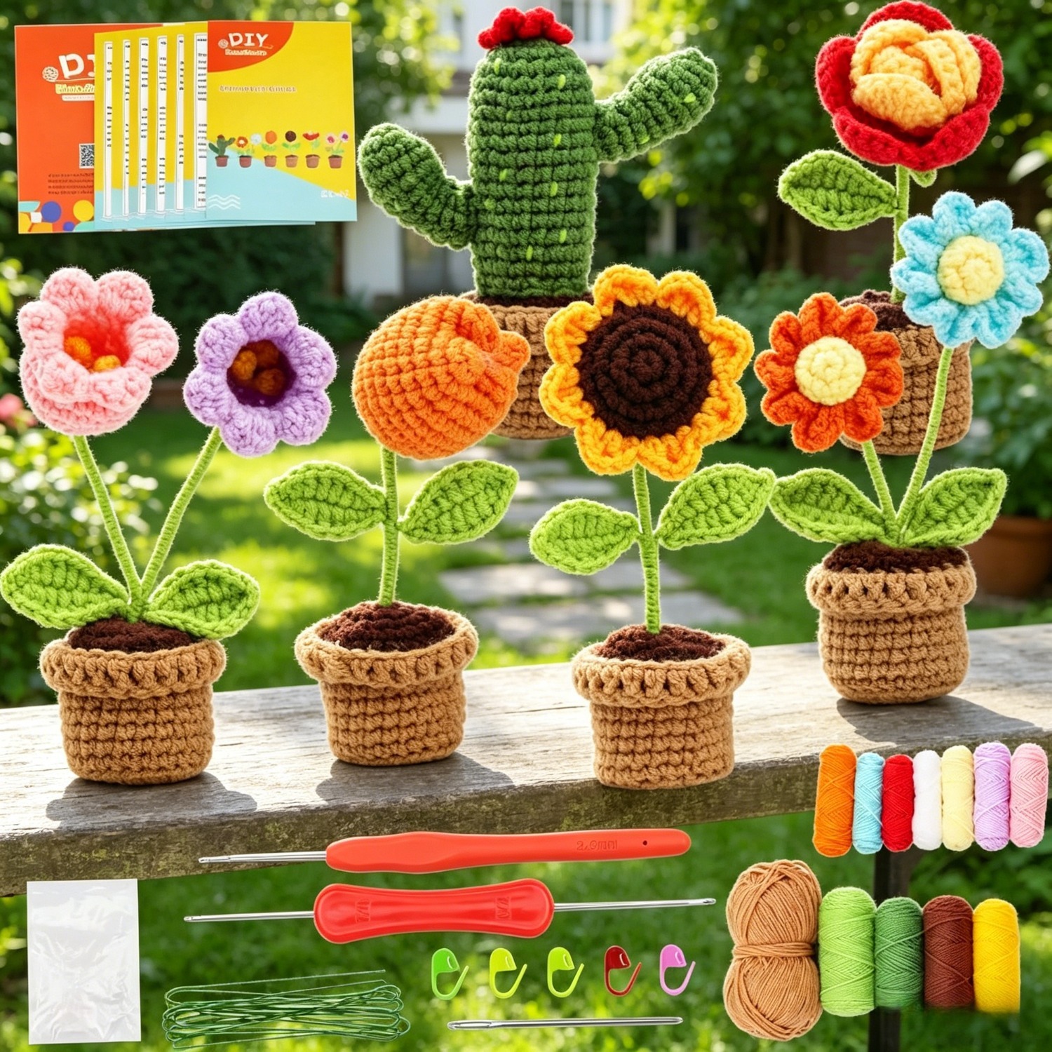 6Pcs Flower & Cactus Beginner Crochet Kit | DIY Amigurumi Potted Cactus & Flower Set with Yarn, Hook & Step-by-Step Tutorial | Cute Handmade Gift for Plant Lovers