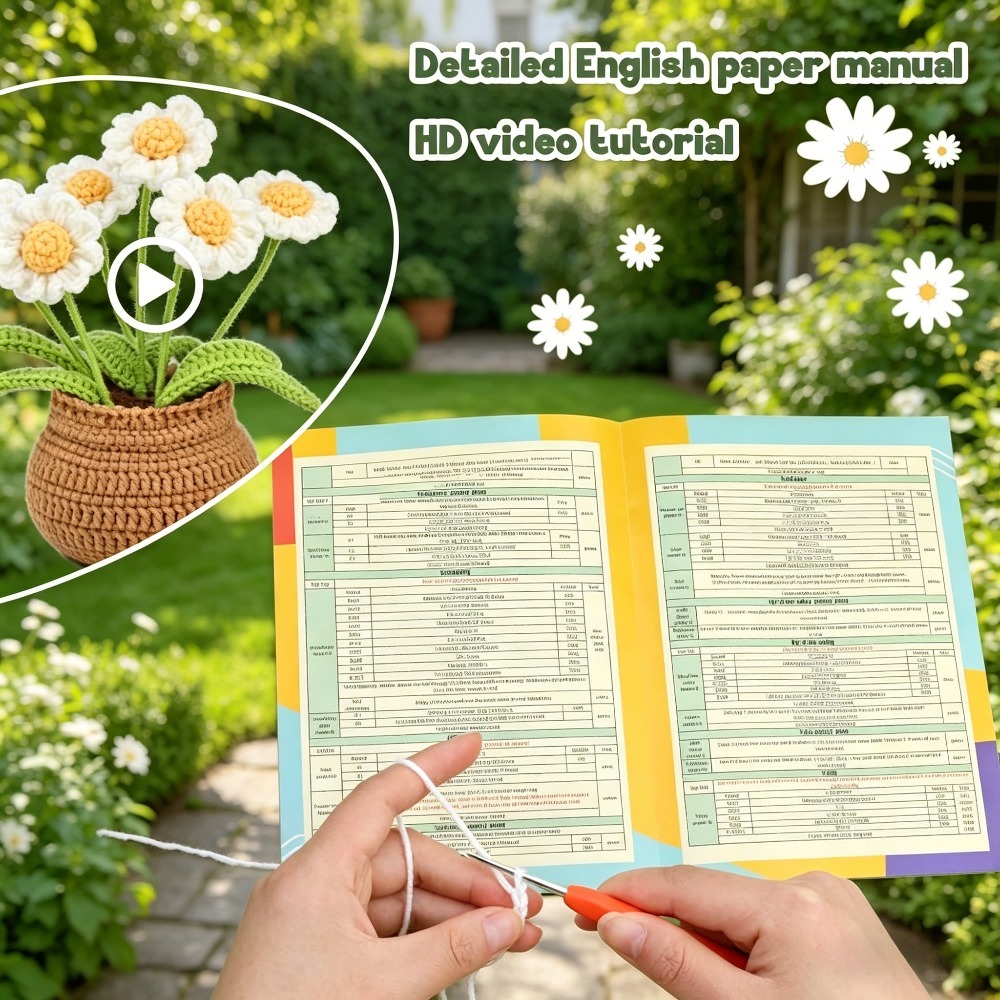 Daisy Flower Pot Crochet Kit for Beginners | DIY Amigurumi Potted Daisy Bouquet Set with Yarn, Hook & Step-by-Step Tutorial | Cute Handmade Gift for Plant Lovers