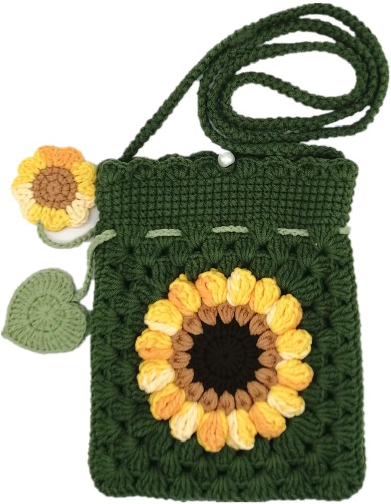 Handmade Crochet Sunflower Blossom Phone Bag Knitted Bag for Women, A-mint green