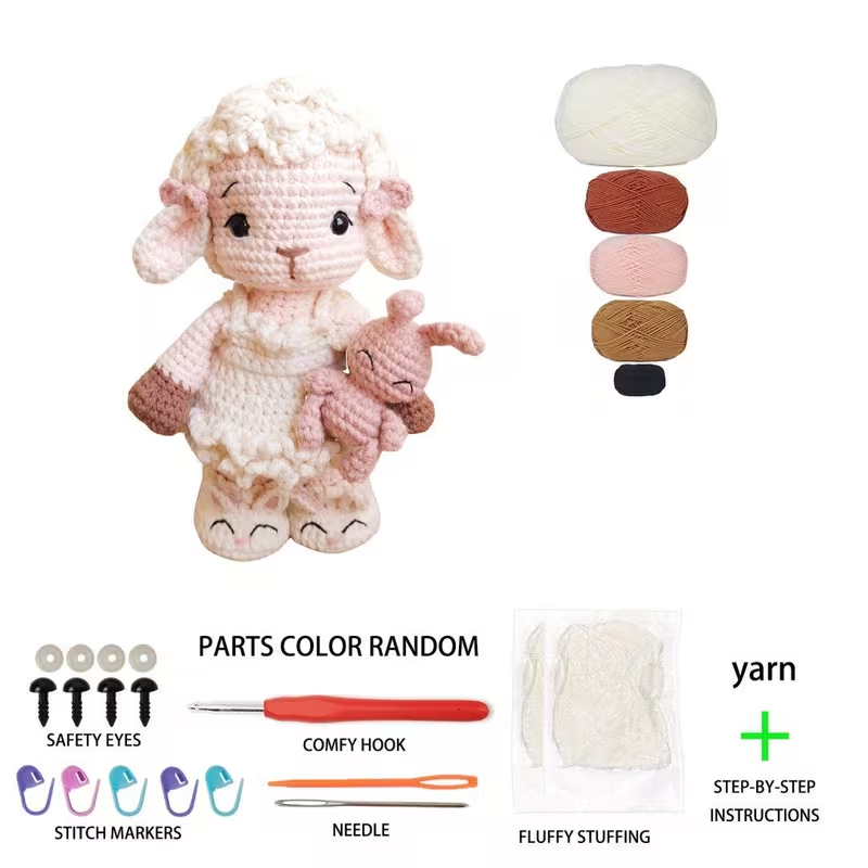 1pc Complete DIY Crochet Amigurumi Lamb & Bunny Kit Suitable for Beginners with Yarn, Tools & Step-by-Step Instructions - Handmade Sheep Doll Plush Craft Project, Pink Bunny Toy Gift for Kids, Nursery Decor, Adults & Crafters