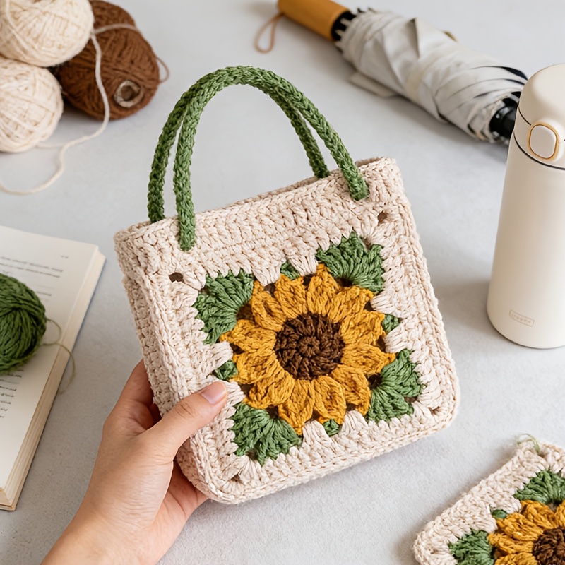 Complete DIY Crochet Sunflower Handbag Craft Kit Suitable for Women's Handmade Making with Yarn, Hook & Buttons - - Crochet Book/Video Tutorial Guide, English Instructions for Adult Beginners, Birthday Gift (No Finished Product)