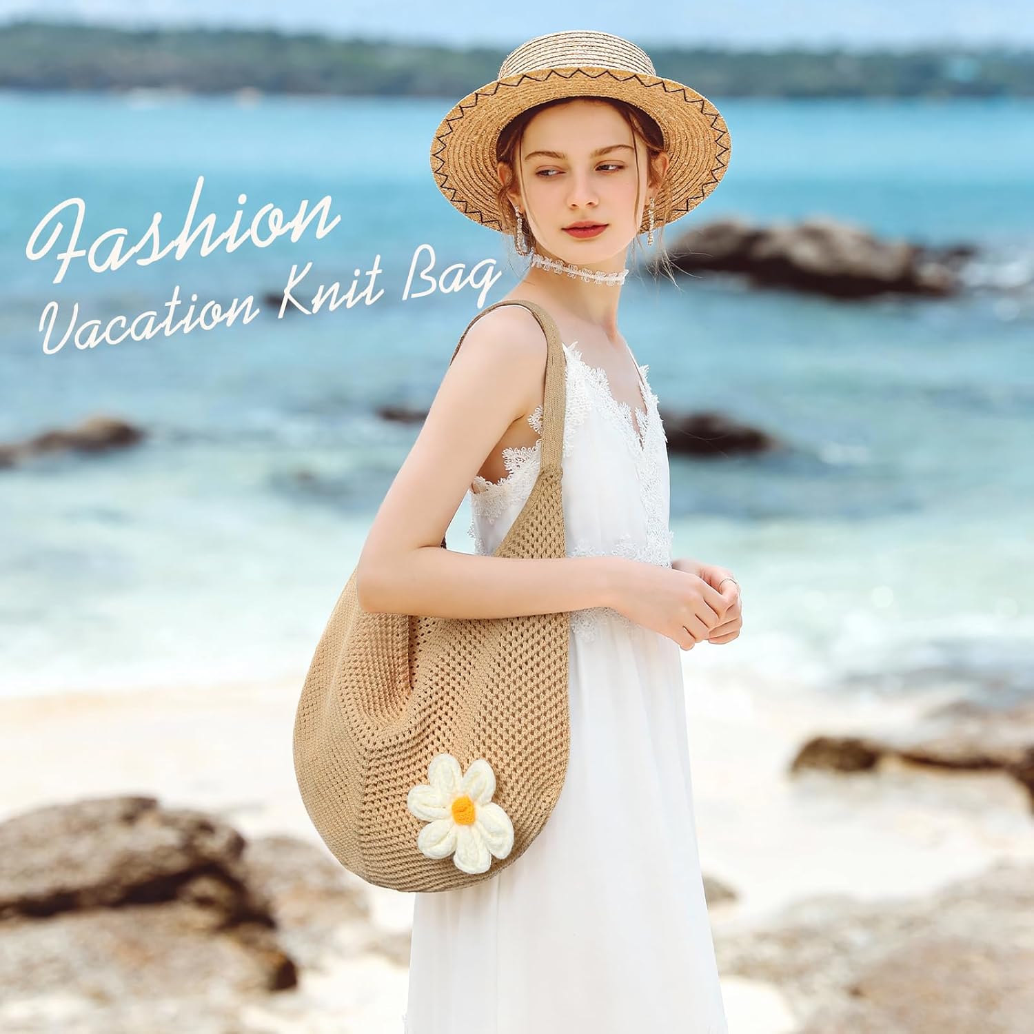 Crochet Beach Bags for Women, Summer Beach Tote Bag, Mesh Cute Beach Purse, Aesthetic Knit Bag Handbag Shoulder Bag