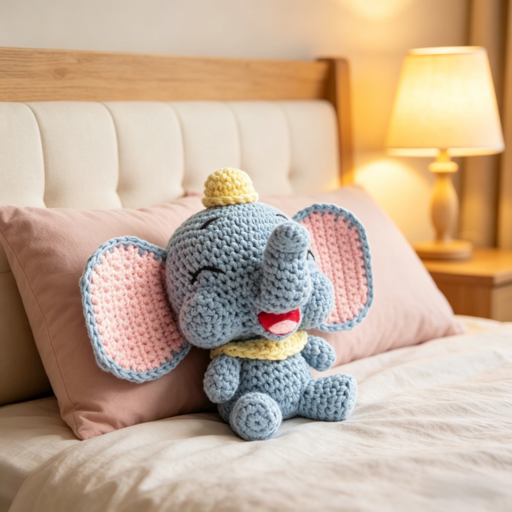 1pc Cute Dumbo Elephant Crochet Kit for Beginners, Complete Amigurumi Animal Doll Plush Craft Set with All Materials & Step-by-Step Instructions, Handmade Knitted Blue Elephant with Big Ears & Hat, Perfect Gift for Kids, Home Decor-Hookcrafted