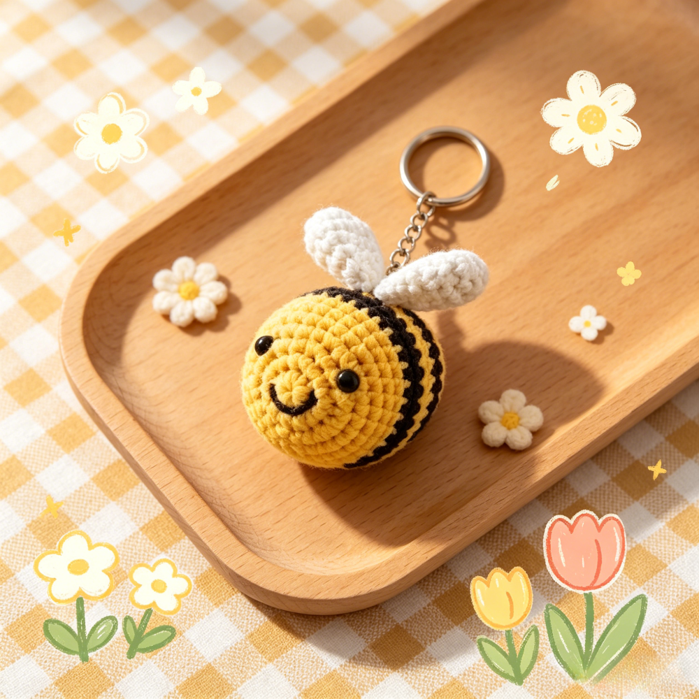 Beginner Friendly Bee Keychain Crochet Kit, Cute Mini Bee Amigurumi Crochet Starter Kit with Yarn, Hook, Needle & Accessories, Complete DIY Craft Set with Tutorial for Adults & Kids, Perfect Bag Charm & Handmade Gift