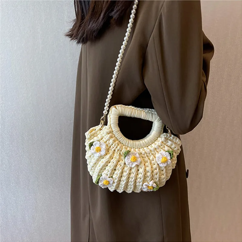 New Fashion Hand-woven Gardenia Shell Bag Women Party Handbags Casual Peal Chain Crossbody Shoulder Bag Travel Tote Bag