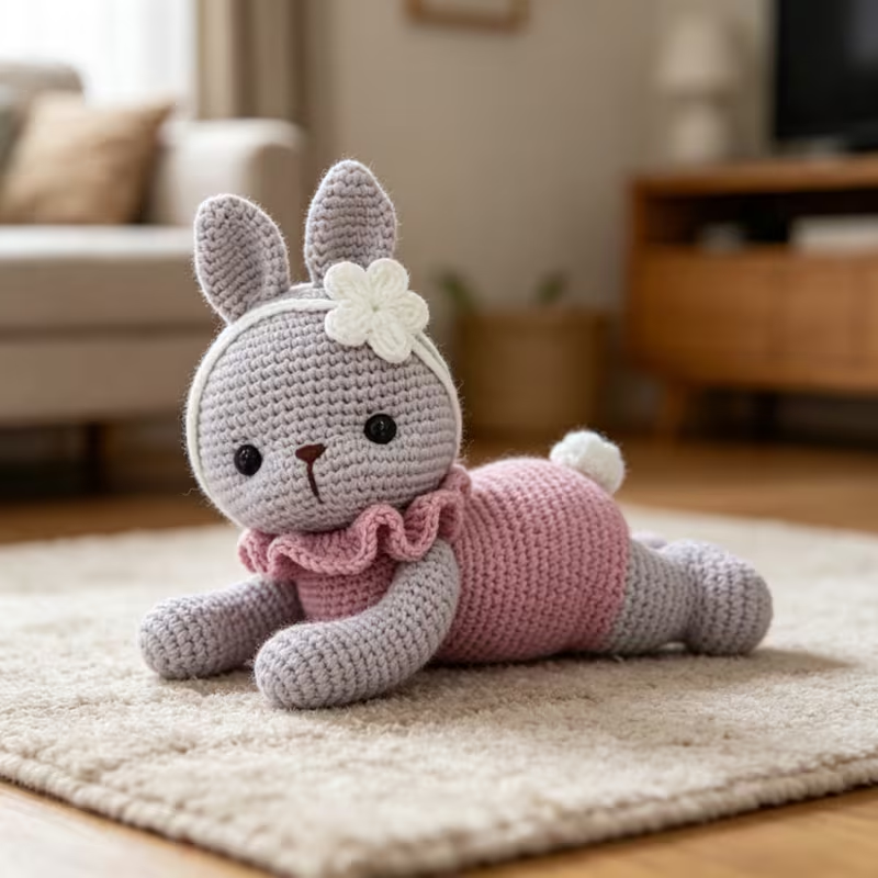 1pc Cute Bunny Crochet Kit for Beginners, Complete Amigurumi Rabbit Plush Doll Craft Set with All Materials, Yarn, Tools & Step-by-Step Instructions, Handmade Knitted Bunny with Flower Headband, Perfect Gift for Kids, Rabbit Lovers, Home Decor