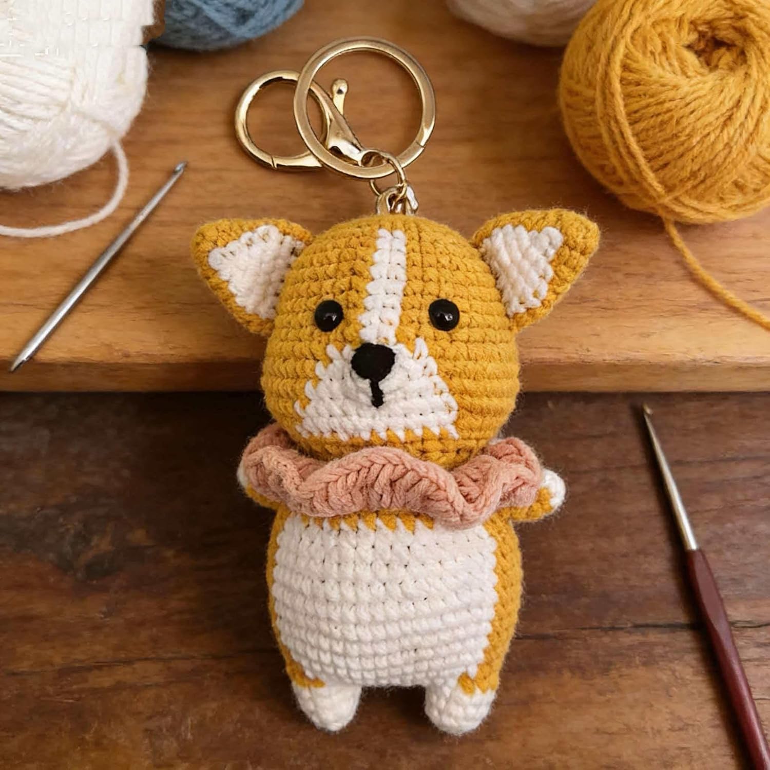 Handmade Crochet Animal Bag Charm Cute Knitted Hanging Ornament, Handcrafted Accessory for bag Kawaii Gift (corgi dog)-Hookcrafted
