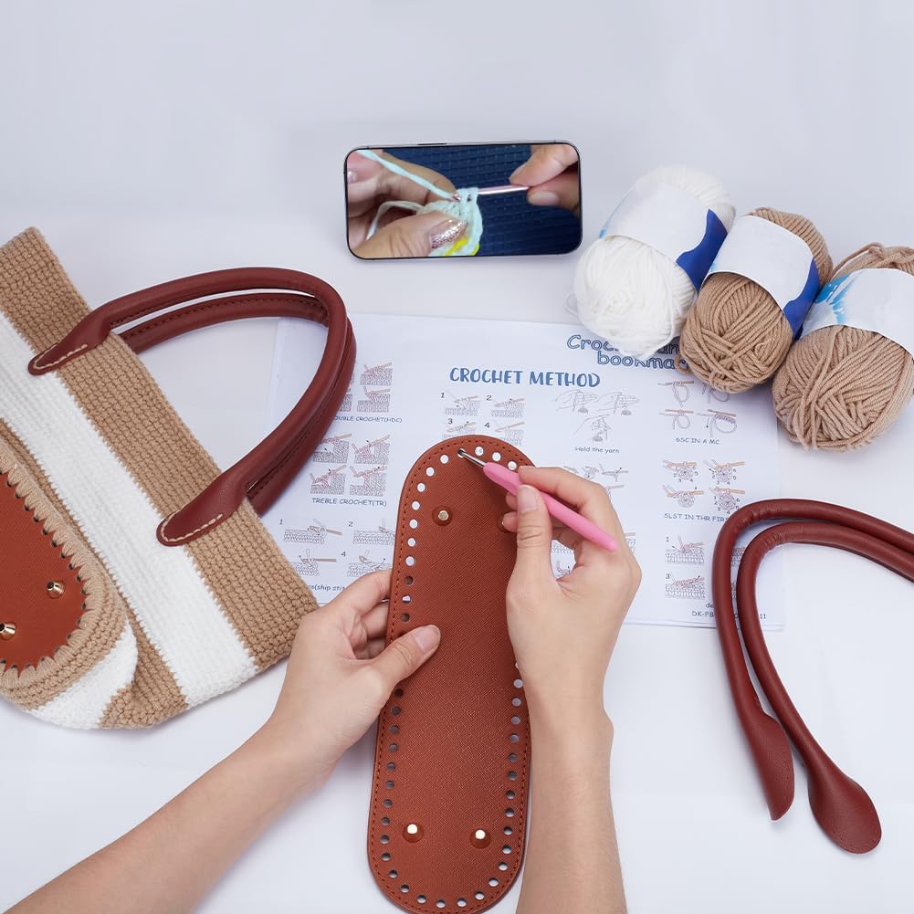 DIY Crochet Handbag Kit for Beginners, Khaki Striped Crochet Bag with PU Leather Band and Base, Complete Crochet Set to Make a Bag, Include Yarn, Crochet Hooks, Markers and Instruction