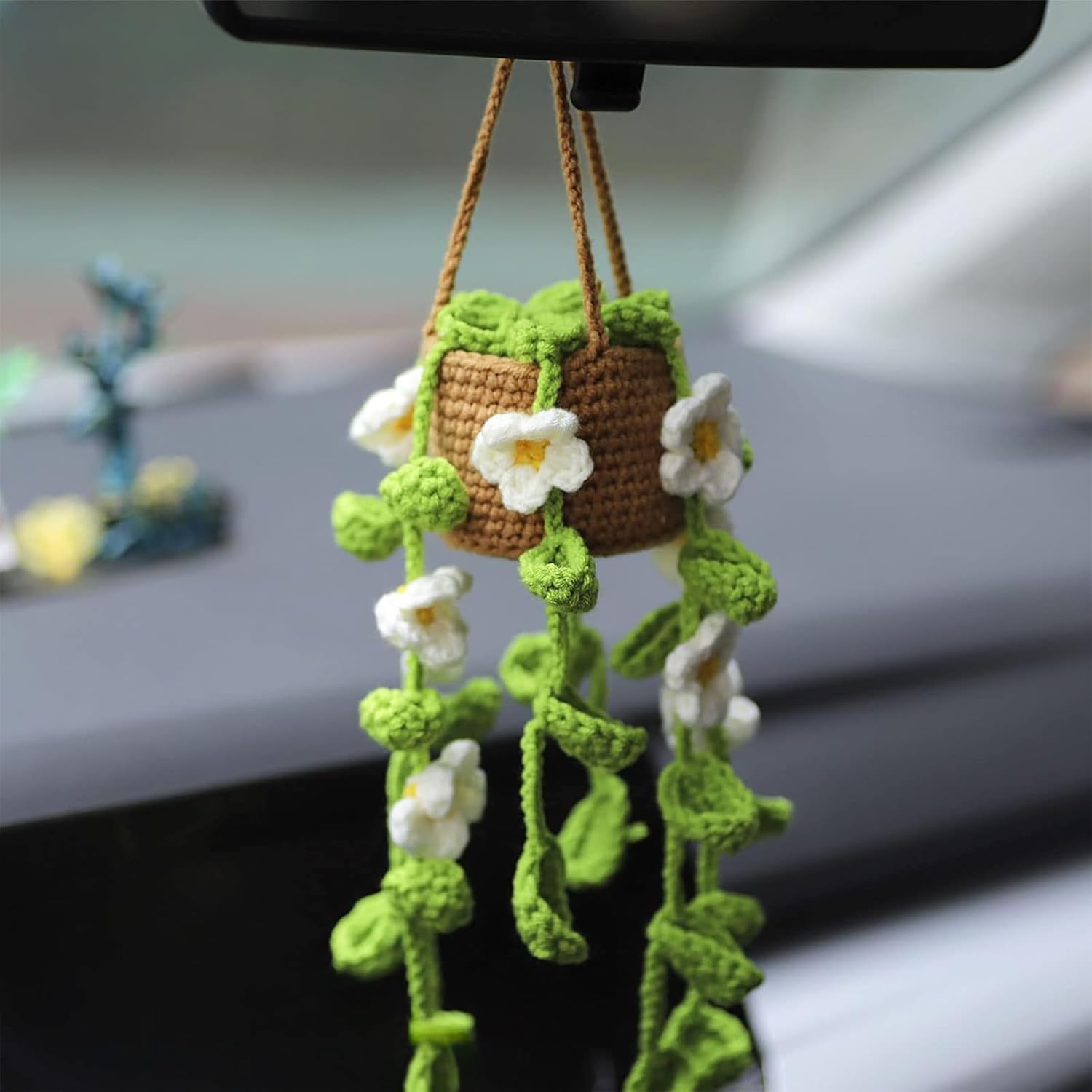 Crochet Potted Plants Car Mirror Hanging Accessories, Cute Car Decorations for Women Men, Handmade Knitted Rearview Mirror Accessories Home Crochet Plant Decor Gifts