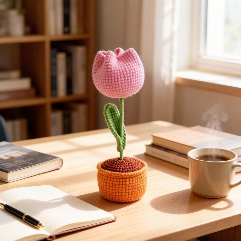 Beginner Friendly Tulip Crochet Kit, Potted Pink Tulip Amigurumi Crochet Starter Kit with Yarn, Hook, Needle & Accessories, Complete DIY Craft Set with Tutorial for Adults & Kids, Perfect Home Decor & Handmade Gift