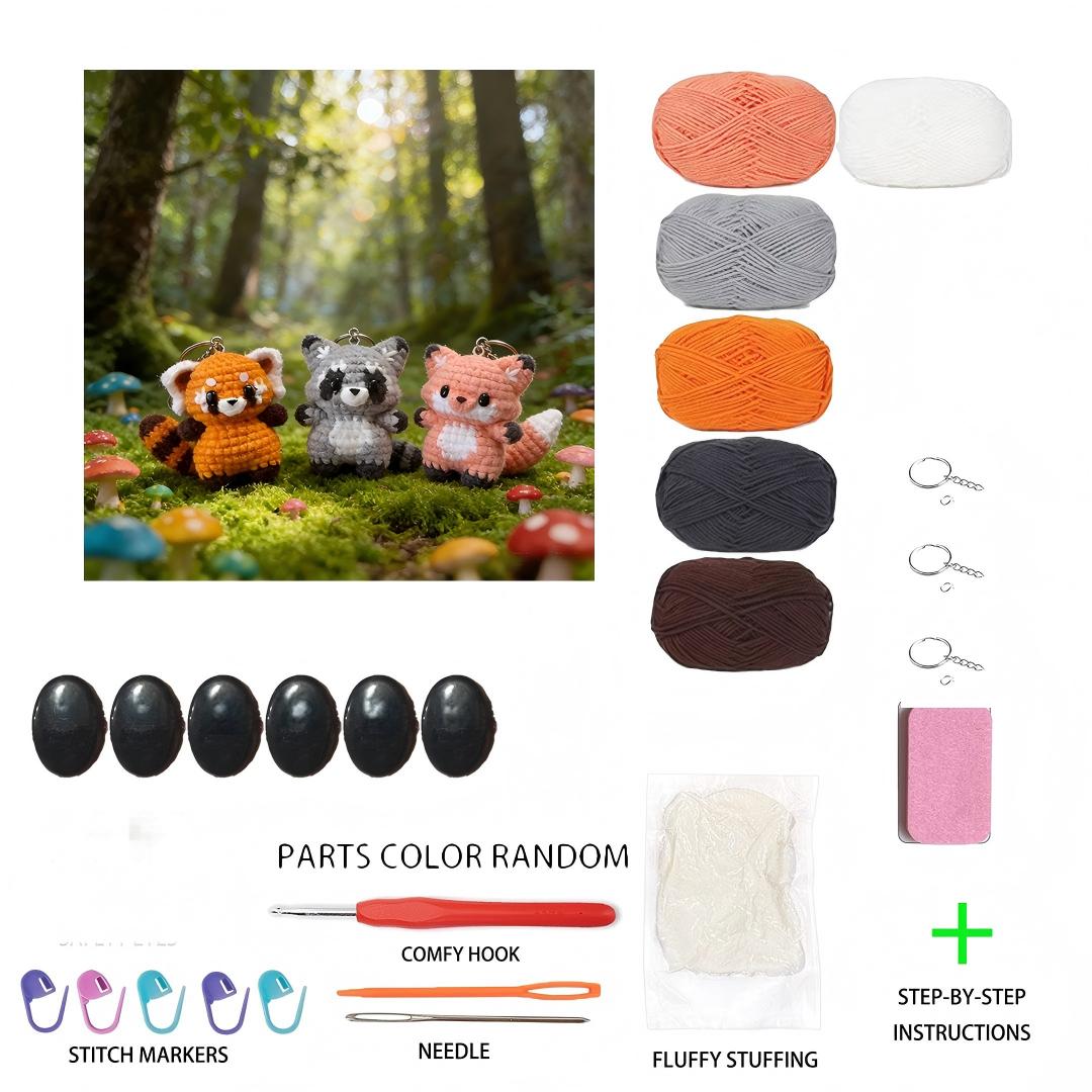 Beginner Friendly 3PCS Forest Animals Crochet Kit, Mini Red Panda, Raccoon & Fox Keychain Amigurumi Crochet Starter Kit with All Yarn, Hook, Needle & Accessories, Complete DIY Craft Set with Tutorial for Adults & Kids, Perfect Bag Charm & Handmade Gift