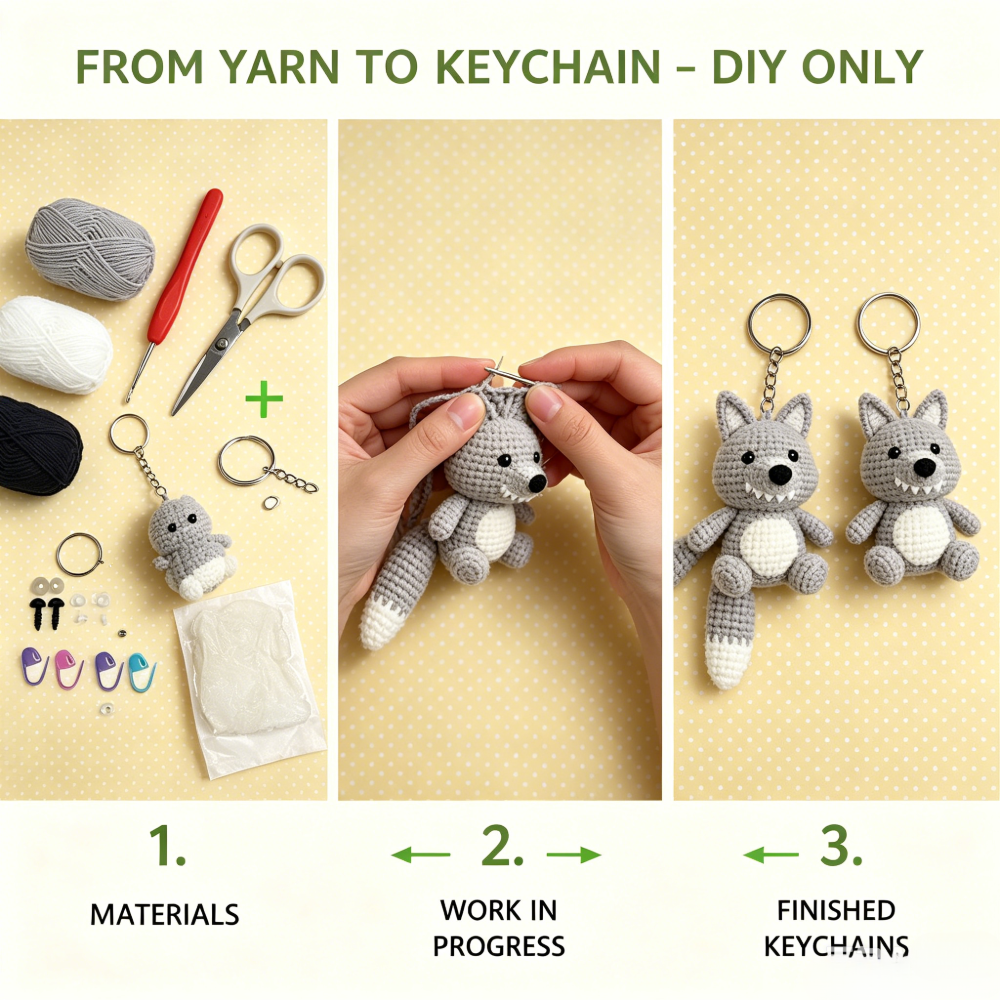 Beginner Friendly Wolf Keychain Crochet Kit, Cute Mini Wolf Amigurumi Crochet Starter Kit with Yarn, Hook, Needle & Accessories, Complete DIY Craft Set with Tutorial for Adults & Kids, Perfect Bag Charm & Handmade Gift