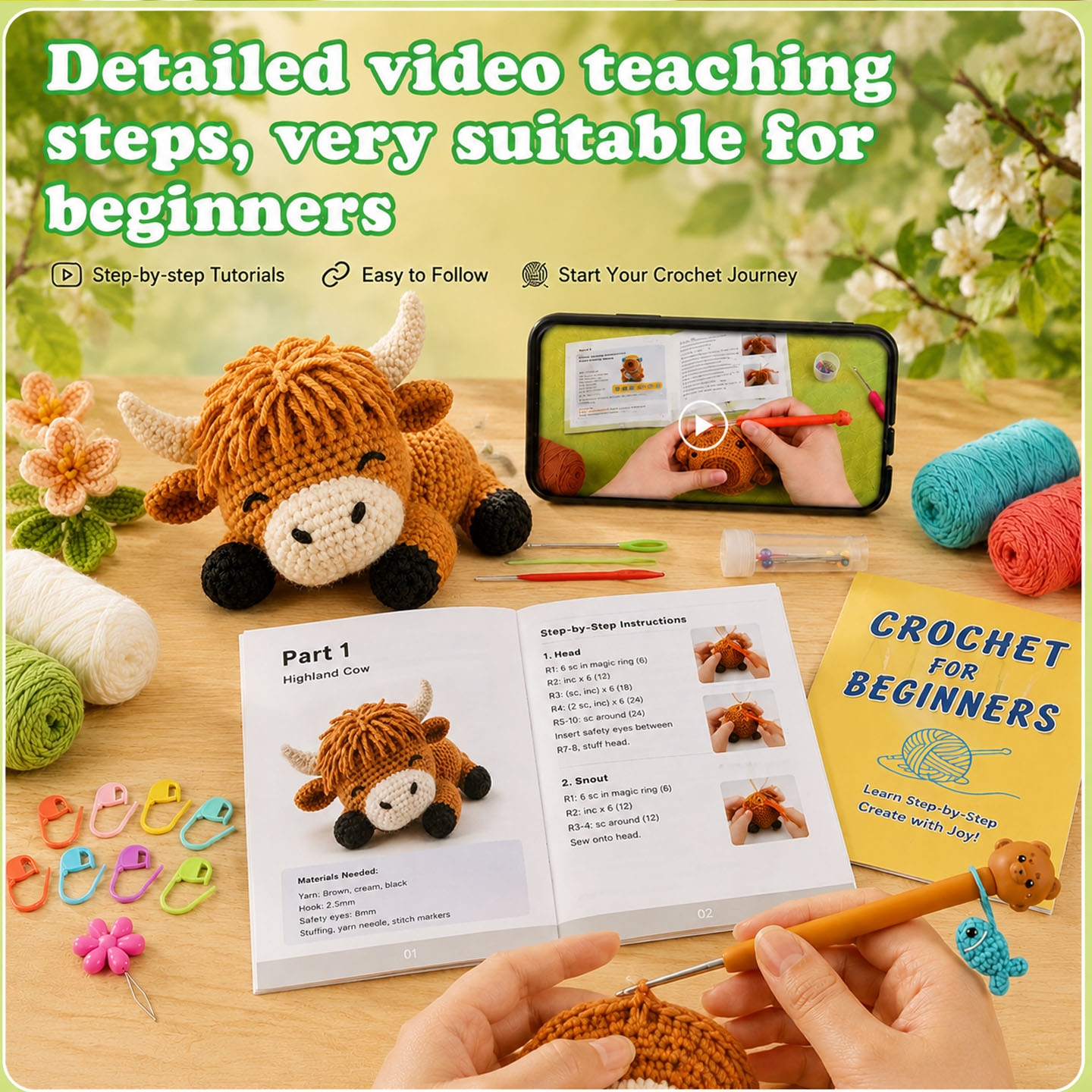 Crochet Kit for Beginners, DIY Highland Cattle Amigurumi Crochet Kit with Step-by-Step Instructions, Complete Starter Kit with Yarn, Hooks & Accessories for Adults Kids, Handmade Craft Gift