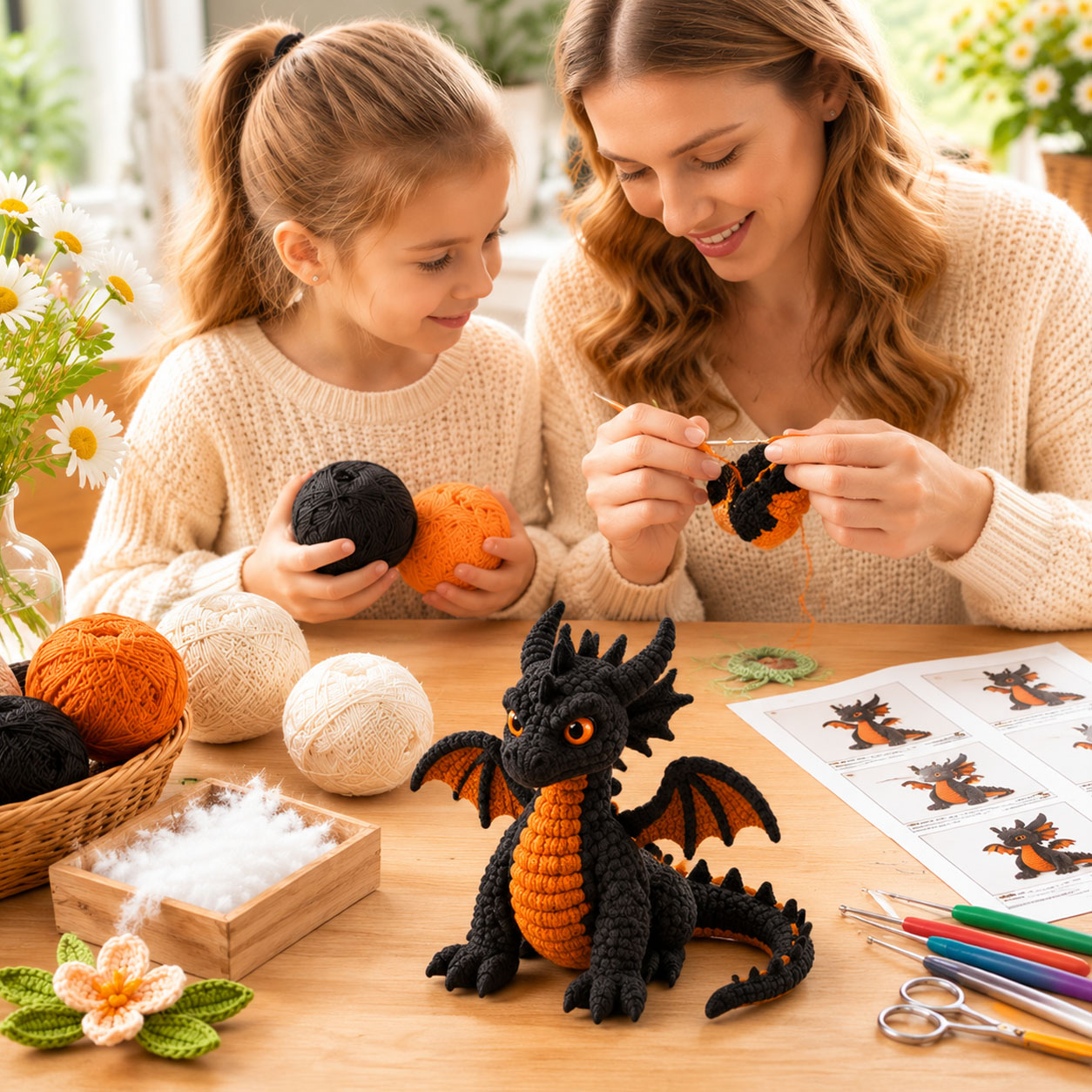 Black Dragon Crochet Plush Kit for Beginners | DIY Amigurumi Stuffed Animal Set with Yarn, Hook & Step-by-Step Tutorial | Cool Handmade Gift for Fantasy Lovers