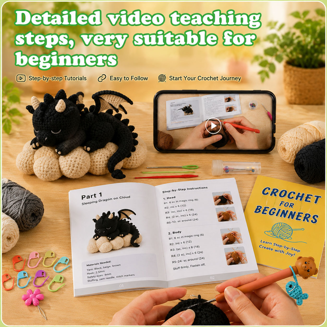 Crochet Kit for Beginners, DIY Black Dragon Amigurumi Crochet Kit with Step-by-Step Instructions, Complete Starter Kit with Yarn, Hooks & Accessories for Adults Kids, Handmade Craft Gift