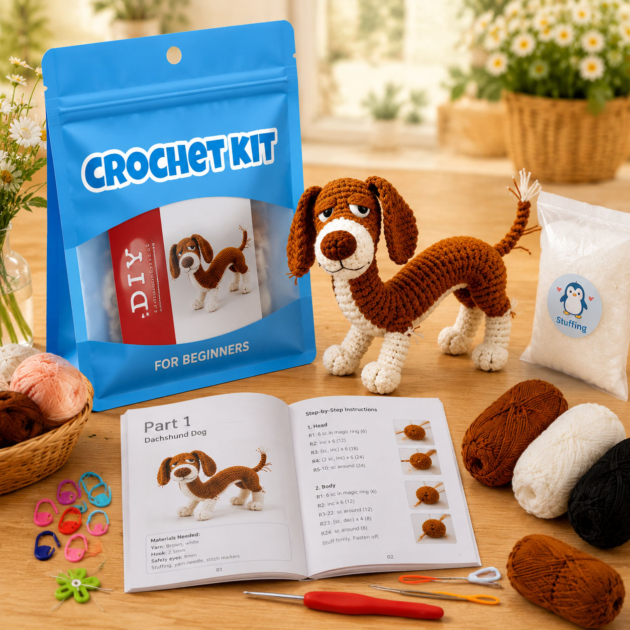 Crochet Kit for Beginners, DIY Cute Dog Amigurumi Crochet Kit with Step-by-Step Instructions, Complete Starter Kit with Yarn, Hooks & Accessories for Adults Kids, Handmade Craft Gift