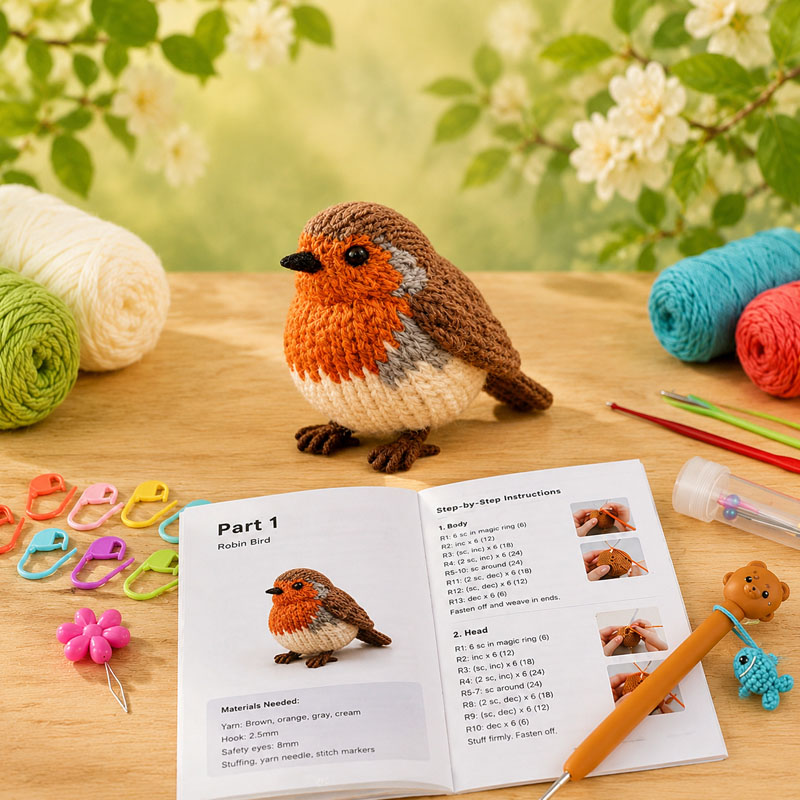 Crochet Kit for Beginners, DIY European Robin Amigurumi Crochet Kit with Step-by-Step Instructions, Complete Starter Kit with Yarn, Hooks & Accessories for Adults Kids, Handmade Craft Gift