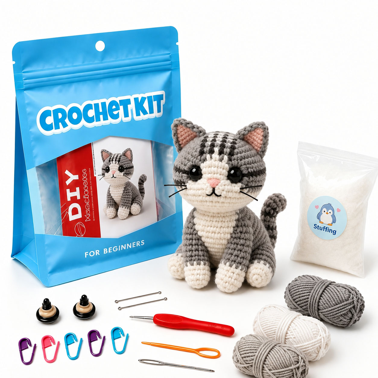 Crochet Kit for Beginners, DIY Cat Amigurumi Crochet Kit with Step-by-Step Instructions, Complete Starter Kit with Yarn, Hooks & Accessories for Adults Kids, Handmade Craft Gift