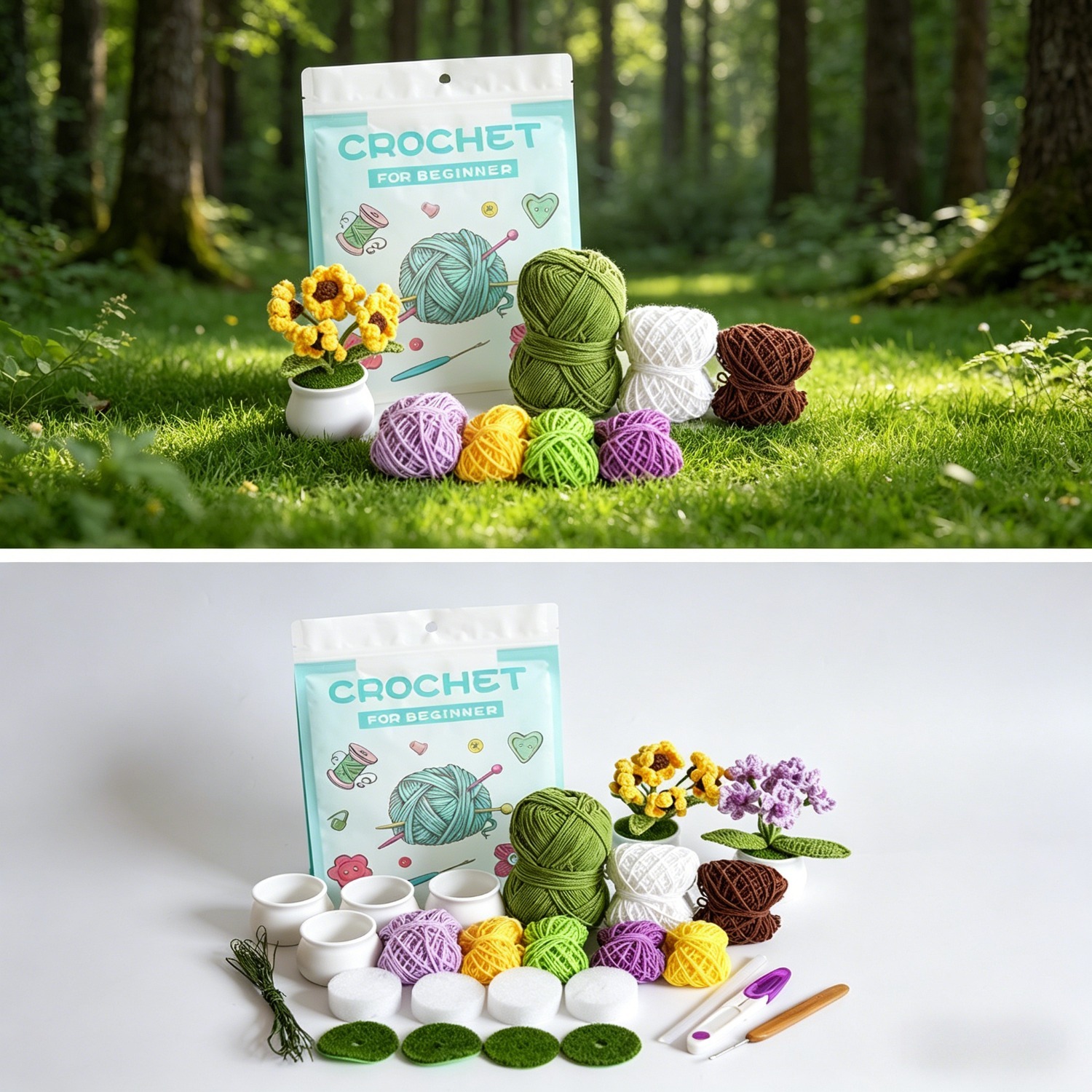 Flower Crochet Kit for Beginners | DIY Daisy Amigurumi Set with Yarn, Hook & Step-by-Step Video Tutorial | 4PCS Cute Flower Series Hookcrafted