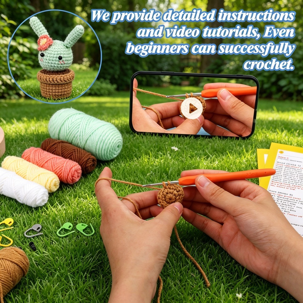 Bunny Ears Cactus Crochet Kit for Beginners | DIY Amigurumi Cactus Planter Set with Yarn, Hook & Step-by-Step Tutorial | Cute Handmade Gift for Plant Lovers