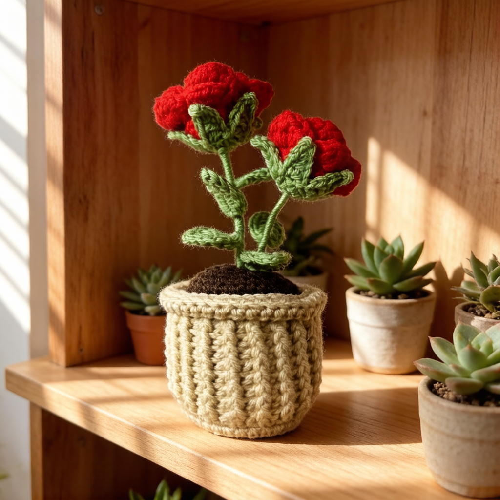 Beginner Friendly Rose Crochet Kit, Potted Red Rose Amigurumi Crochet Starter Kit with Yarn, Hook, Needle & Accessories, Complete DIY Craft Set with Tutorial for Adults & Kids, Perfect Home Decor & Handmade Gift