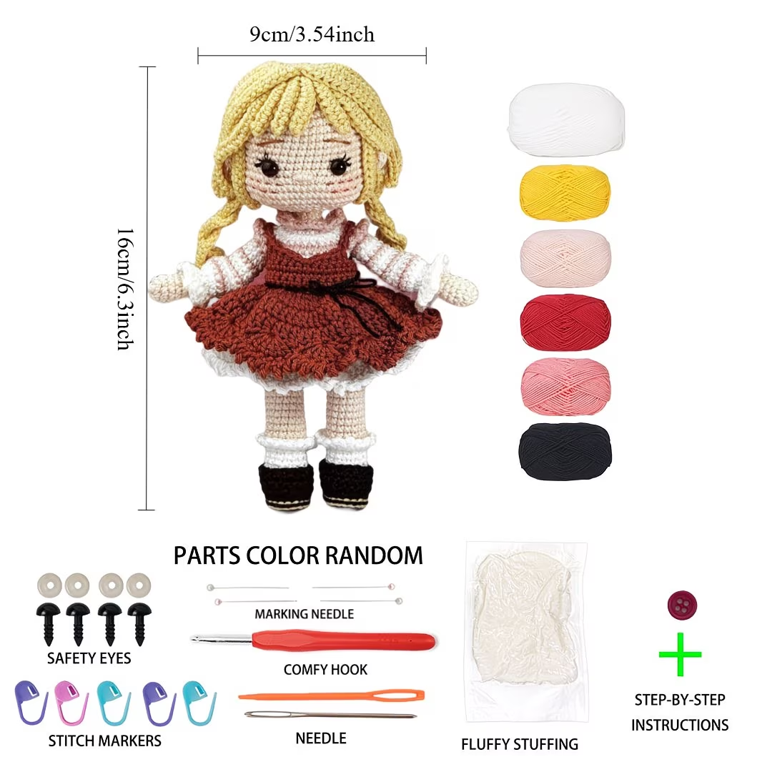 Blonde Girl Doll Crochet Kit for Beginners | DIY Amigurumi Stuffed Doll Set with Yarn, Hook & Step-by-Step Tutorial | Cute Handmade Gift for Craft Lovers