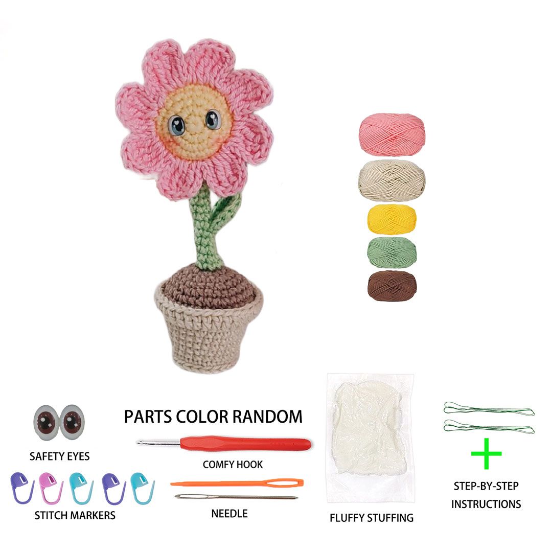 Beginner Friendly Crochet Kit, Cute Potted Smiley Pink Flower Amigurumi Crochet Starter Kit with Yarn, Hook, Needle & Accessories, Complete DIY Craft Set with Tutorial for Adults & Kids, Perfect Home Decor & Handmade Gift-Hookcrafted