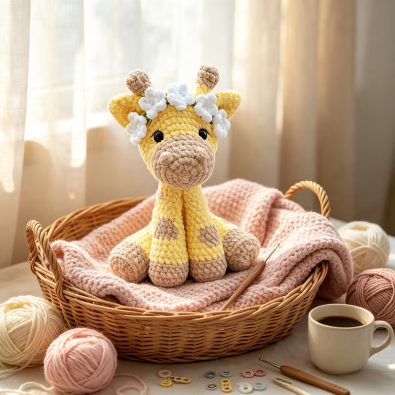 1pc Cute Flower Crown Giraffe Crochet Kit for Beginners, Complete DIY Amigurumi Giraffe Plush Doll Craft Set with All Materials, Yarn, Tools & Tutorial, Handmade Knitted Giraffe with Floral Headband, Perfect Gift for Kids, Safari Lovers, Home Decor