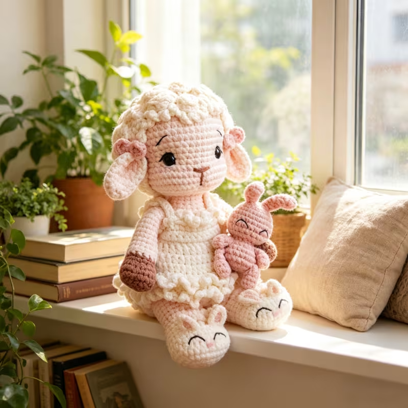 1pc Complete DIY Crochet Amigurumi Lamb & Bunny Kit Suitable for Beginners with Yarn, Tools & Step-by-Step Instructions - Handmade Sheep Doll Plush Craft Project, Pink Bunny Toy Gift for Kids, Nursery Decor, Adults & Crafters