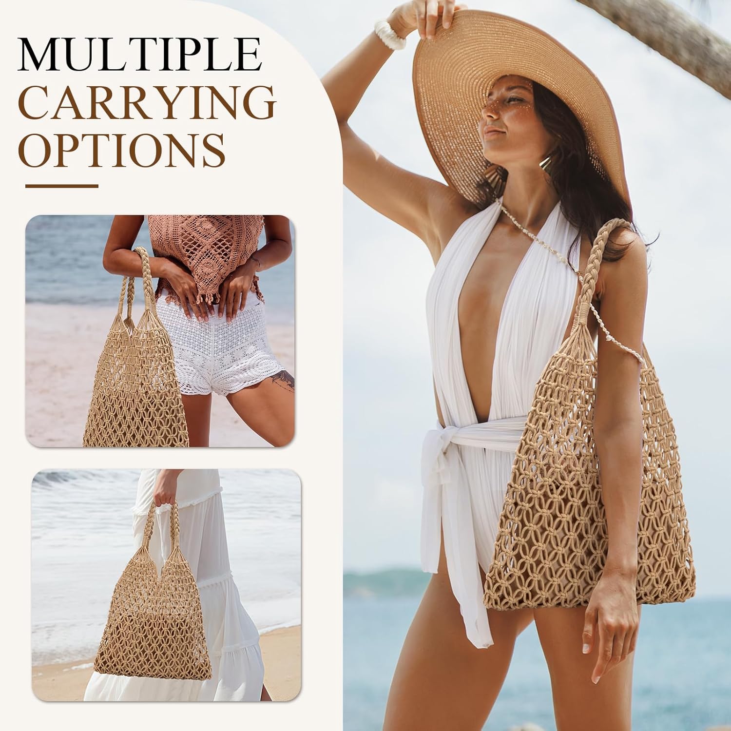 Crochet Beach Bags for Women - Women Beach Handmade Tote Bag, Summer Mesh Hollow Shoulder Bag for Holiday Market