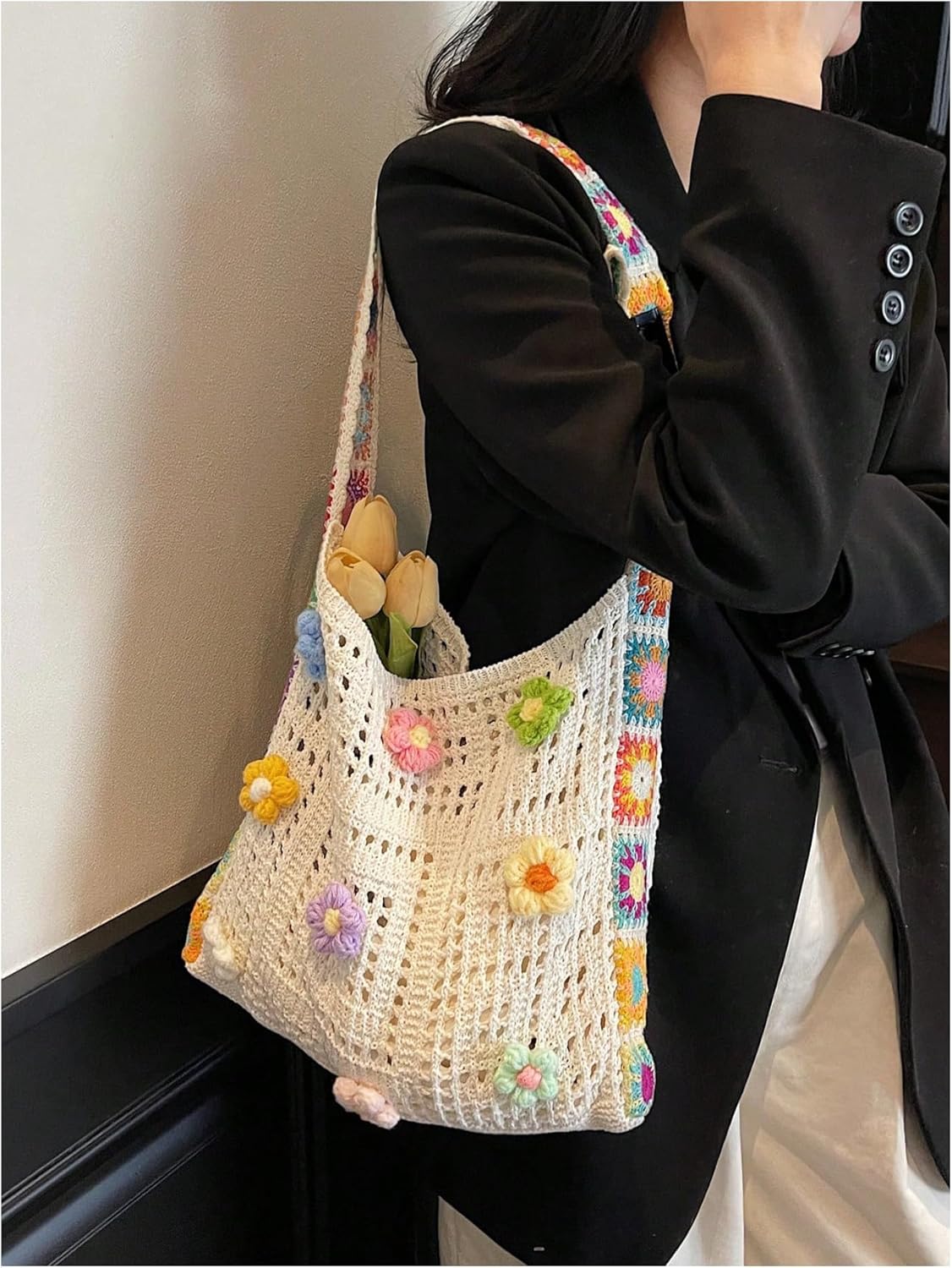 Women's Crochet Tote Bag Hollow Out Slouchy Crossbody Beach Shoulder Bag for Travel Daily