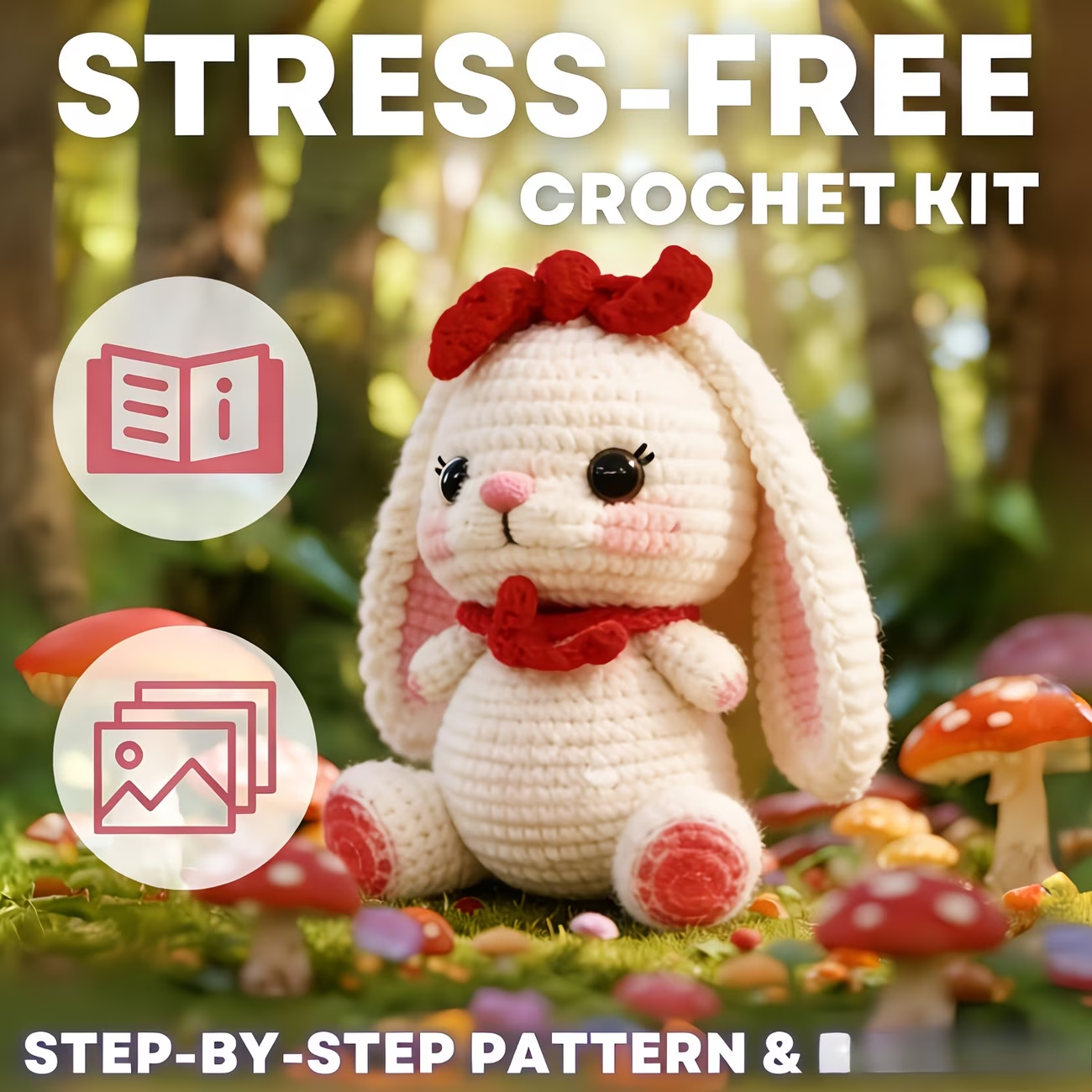 Red Bow Bunny Crochet Plush Kit for Beginners | DIY Amigurumi Stuffed Animal Set with Yarn, Hook & Step-by-Step Tutorial | Sweet Handmade Gift for Rabbit Lovers-Hookcrafted