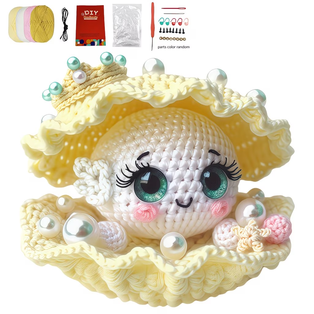 Shell Pearl Crochet Kit | Complete DIY Amigurumi Sea Shell Stuffed Animal Set with Yarn, Hook & Step-by-Step Guide | Perfect Gift for Crocheters