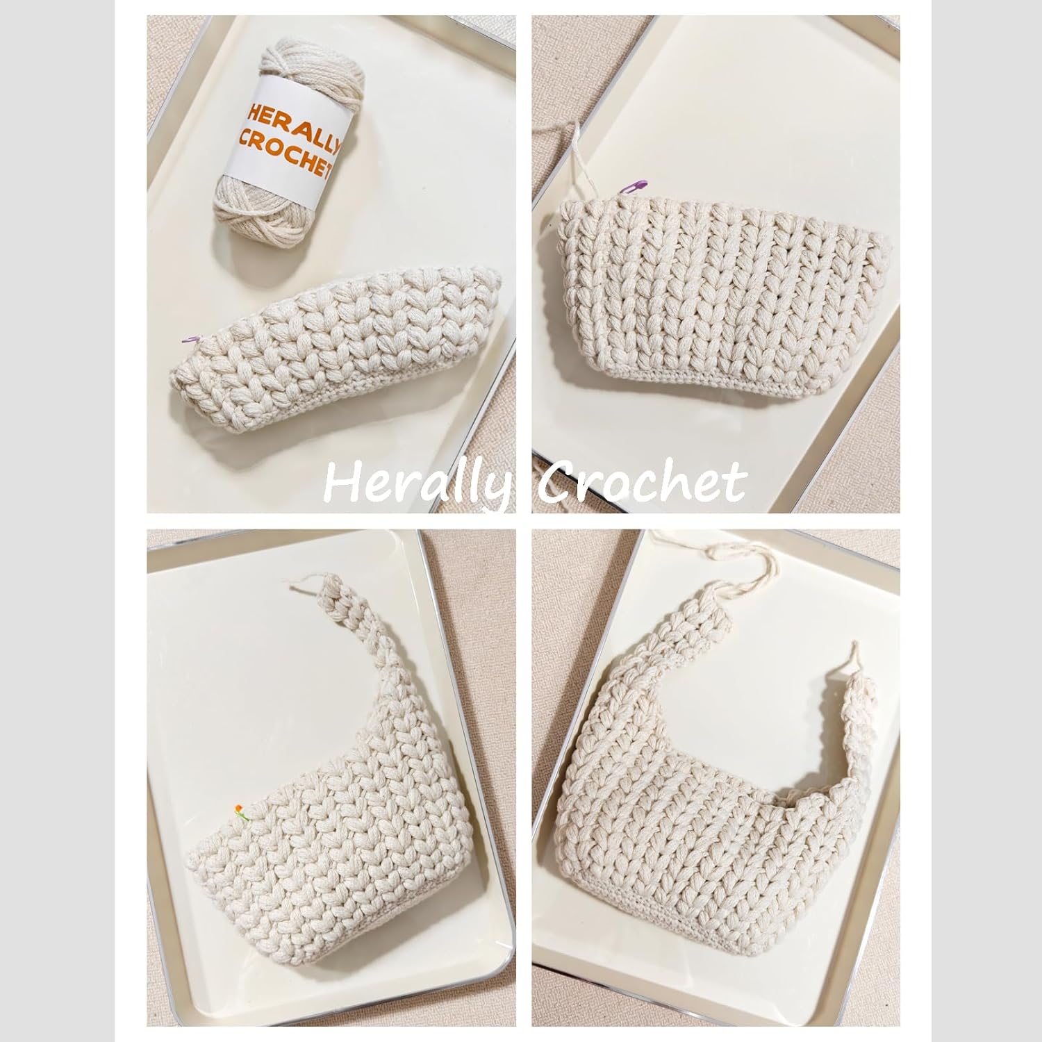 Herally Crochet Kit DIY for Beginners - Include Yarn, Hook and Accessory - with Step by Step Video Tutorials - Wheateat Hobo Bag (Beige)