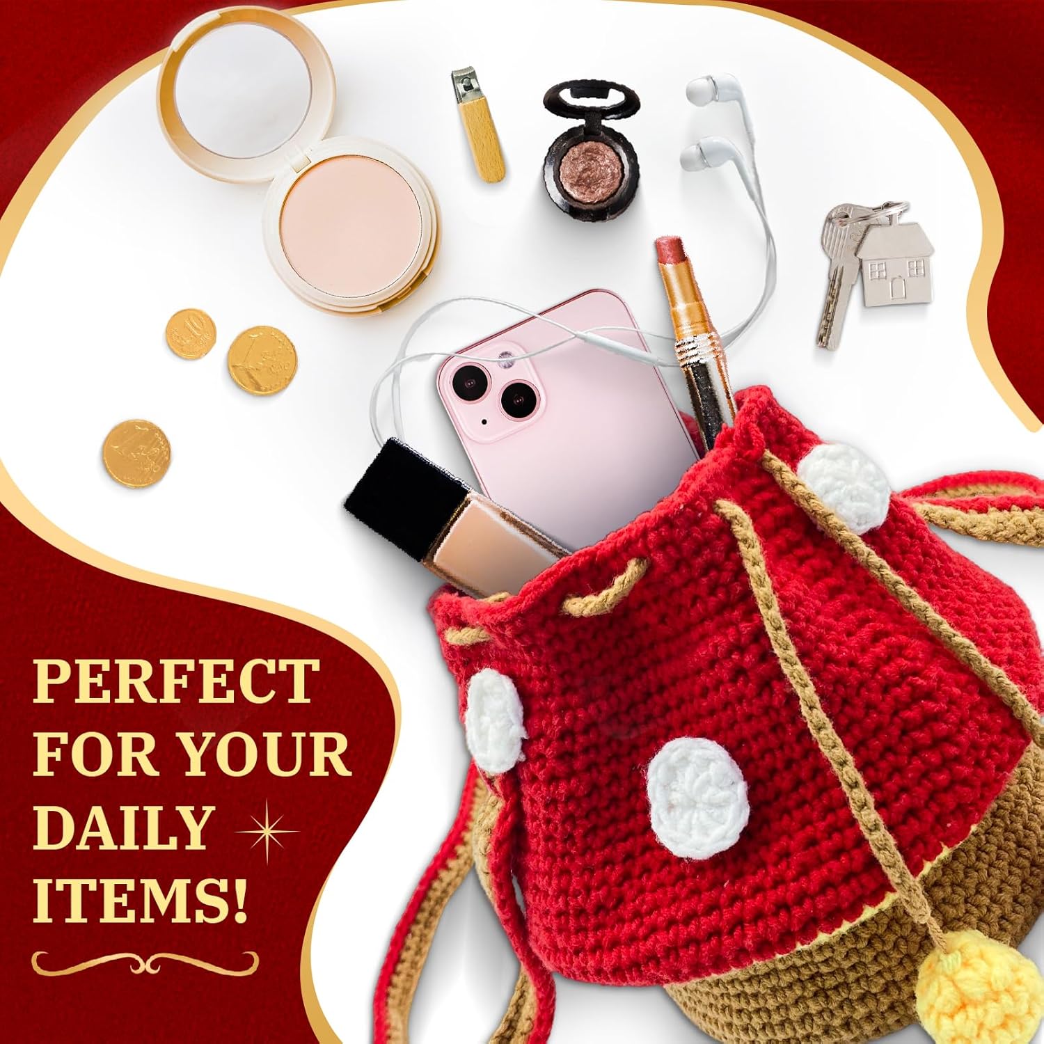 Crochet Kit for Beginners with Step-by-Step Video Tutorials – DIY Mushroom Crossbody Purse Bag, Crochet Bag Kit for Women, Knitting Kit, Handcraft Kit